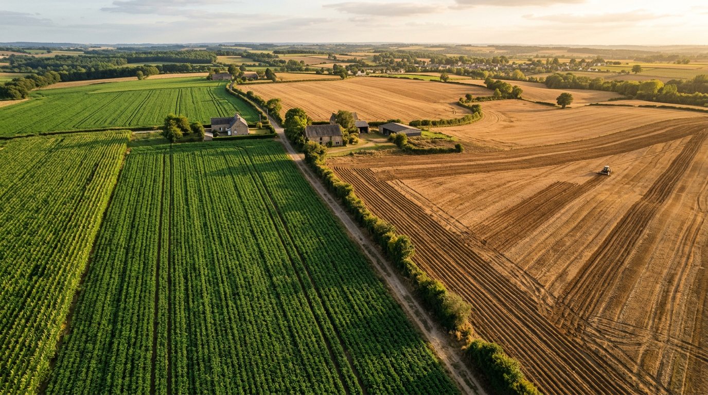 Vue aérienne de parcelles agricoles, cultures vertes et terre labourée