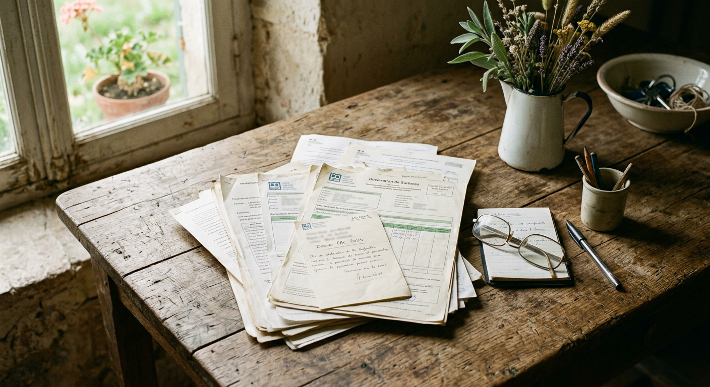 Documents de ferme posés sur une table en bois